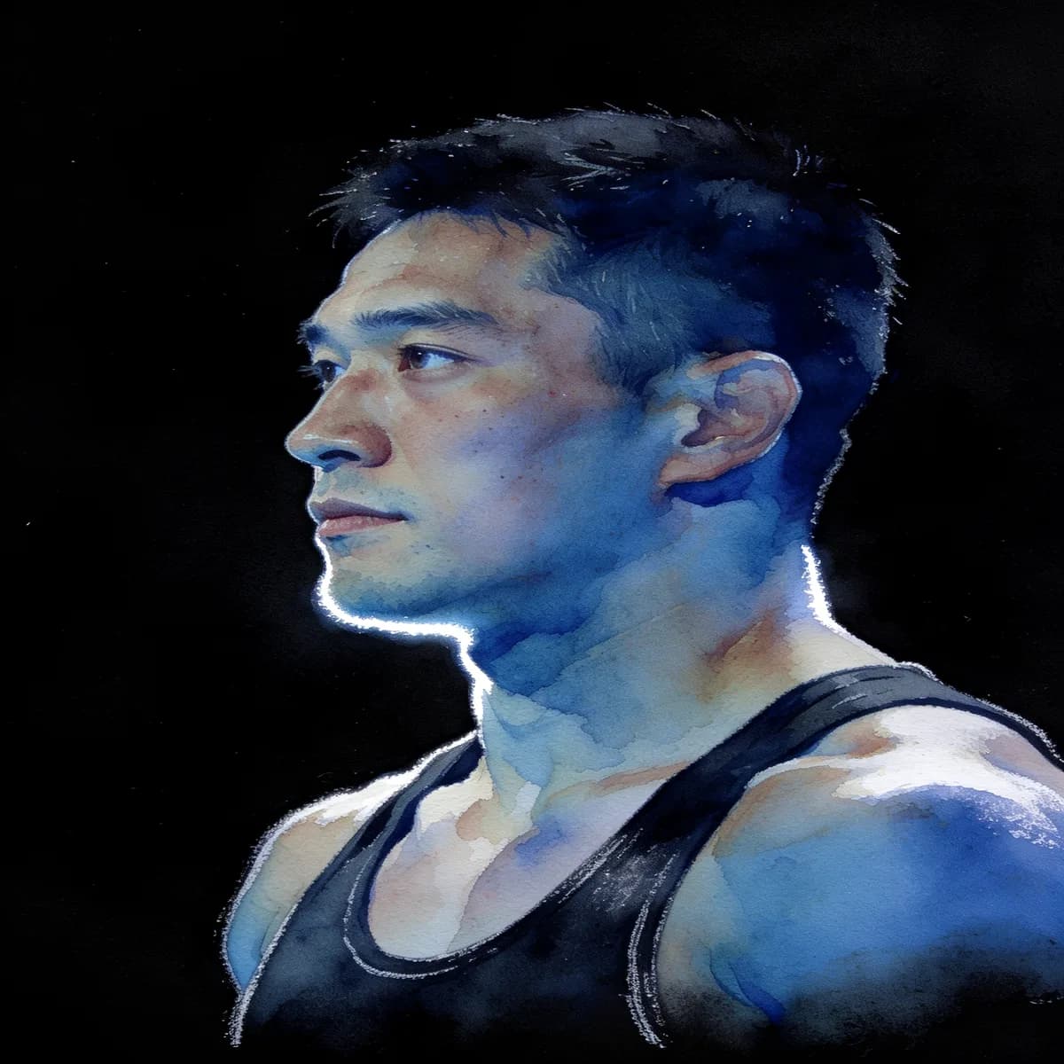 A weightlifter in three-quarter view looking off to the left, painted in watercolor