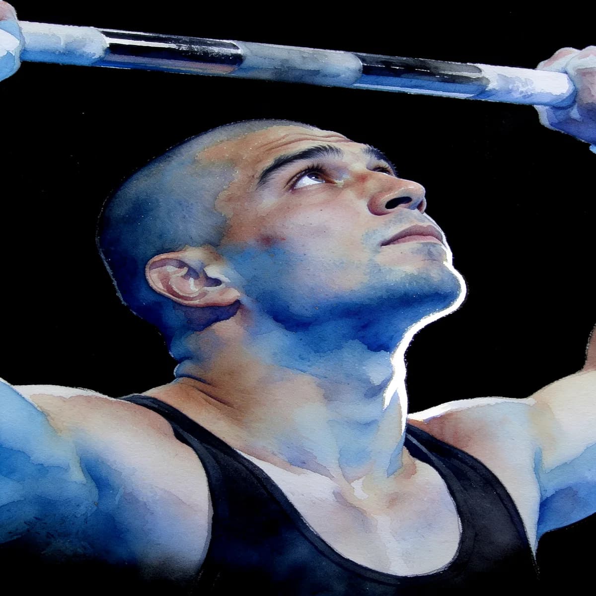 A weightlifter looking up at the bar overhead, painted in watercolor