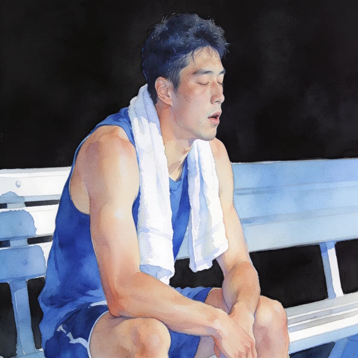 An athlete resting on a bench with a towel around the neck, painted in watercolor