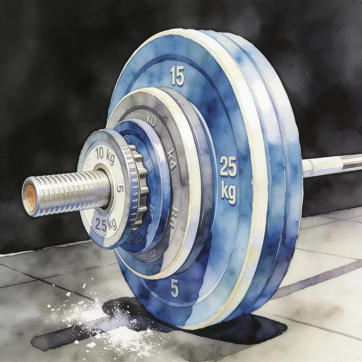 Chalked hands loading a plate onto a barbell, painted in watercolor